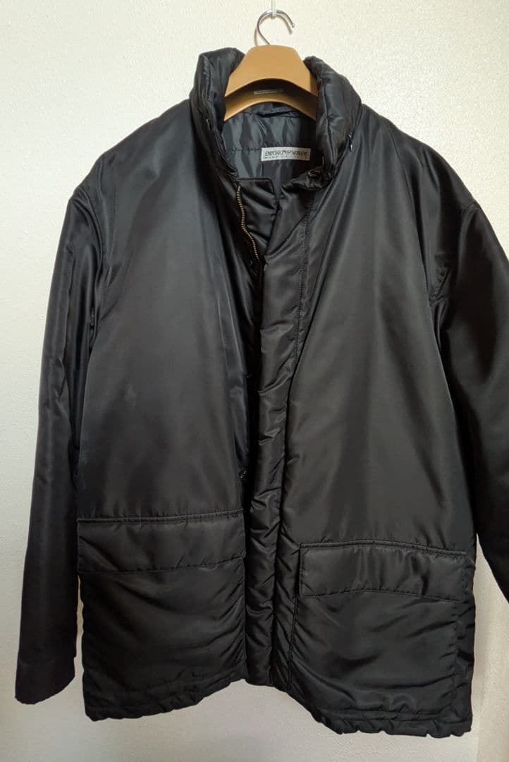 ​【最高級】エンポリオアルマーニ ナイロンハーフコート イタリア製 黒 90s EMPORIO ARMANI (エンポリオアルマーニ) フルジップ＆ボタン スタンド
