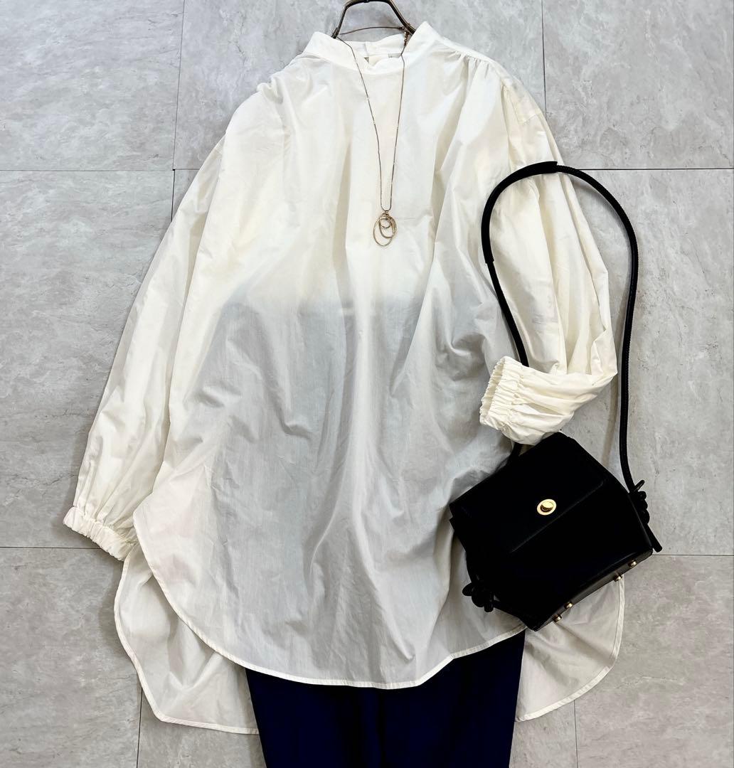 ビアズリー スタンドカラー コットン 長袖シャツ ブラウス ギャザー