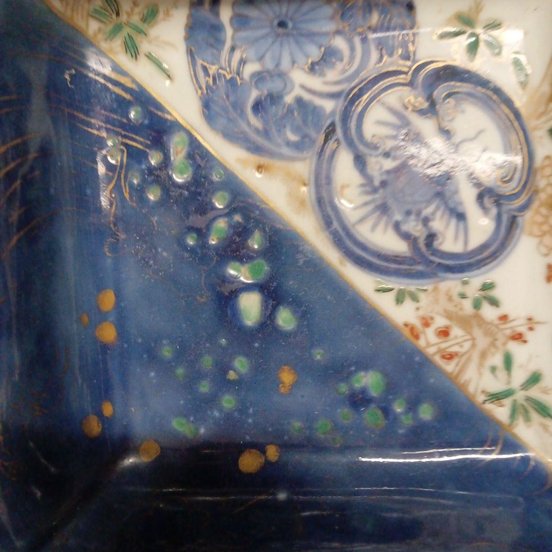 青と白の陶器皿 古伊万里写し 図変わり 深皿 四方皿 窯疵完品 渦福