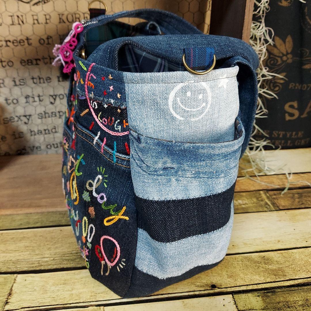 刺繍デニムバック No.641 デニムリメイク 刺繍バック チューリップバック