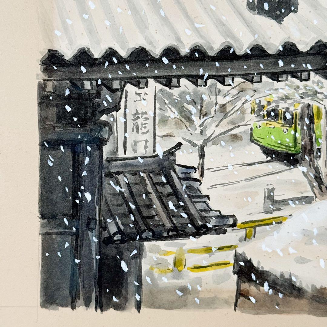 真作 田口雅巳『雪の竜口寺』水彩画 直筆 原画 共シール 落款完備 額装