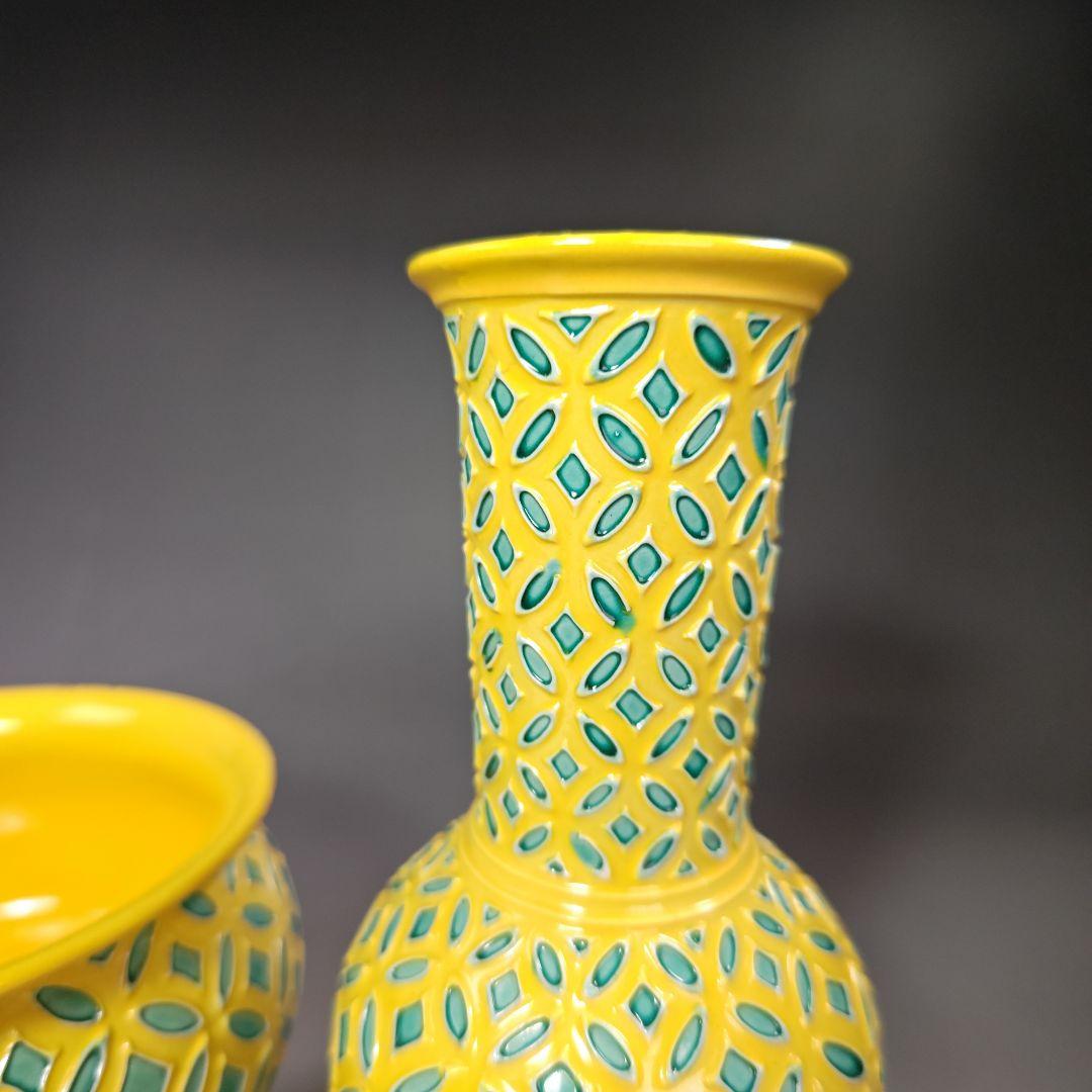 イ481 皆具『赤沢露石作』『黄交趾 皆具 共箱』水指 建水 杓立 蓋置