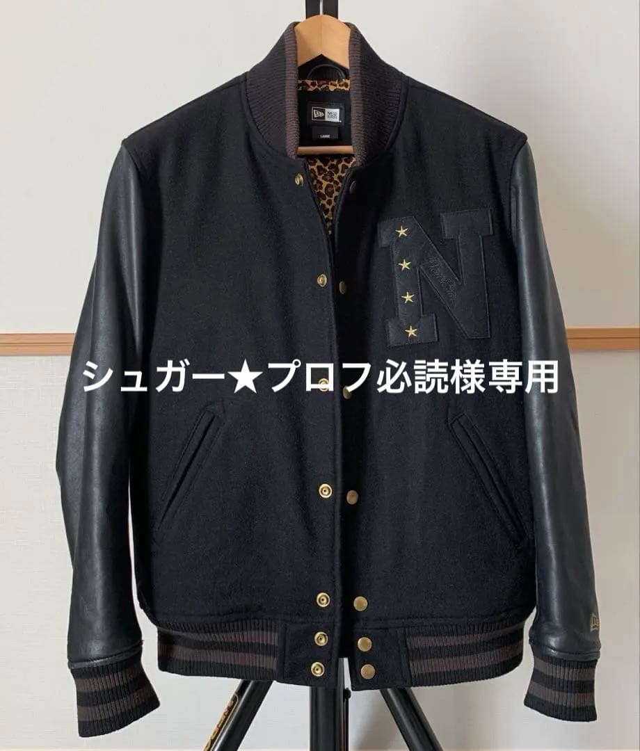 NEW ERA ニューエラ スタジャン レザー 黒 刺繍 裏地ヒョウ柄 L NEW ERA（ニューエラ） ナイロン バーシティージャケット Cooperstown