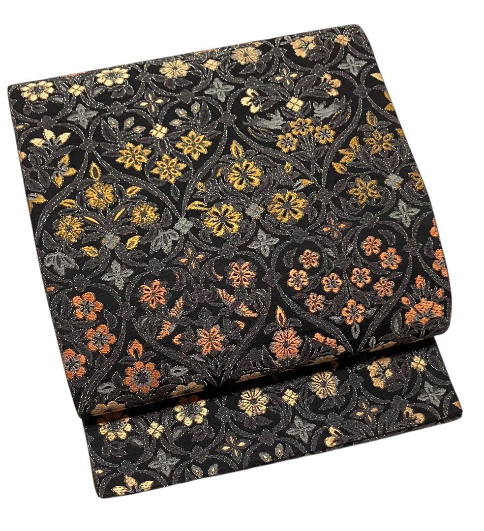 本草木柿渋染 伝統工芸士福本久人 袋帯 六通柄 正絹 花唐草 未使用 イ6371