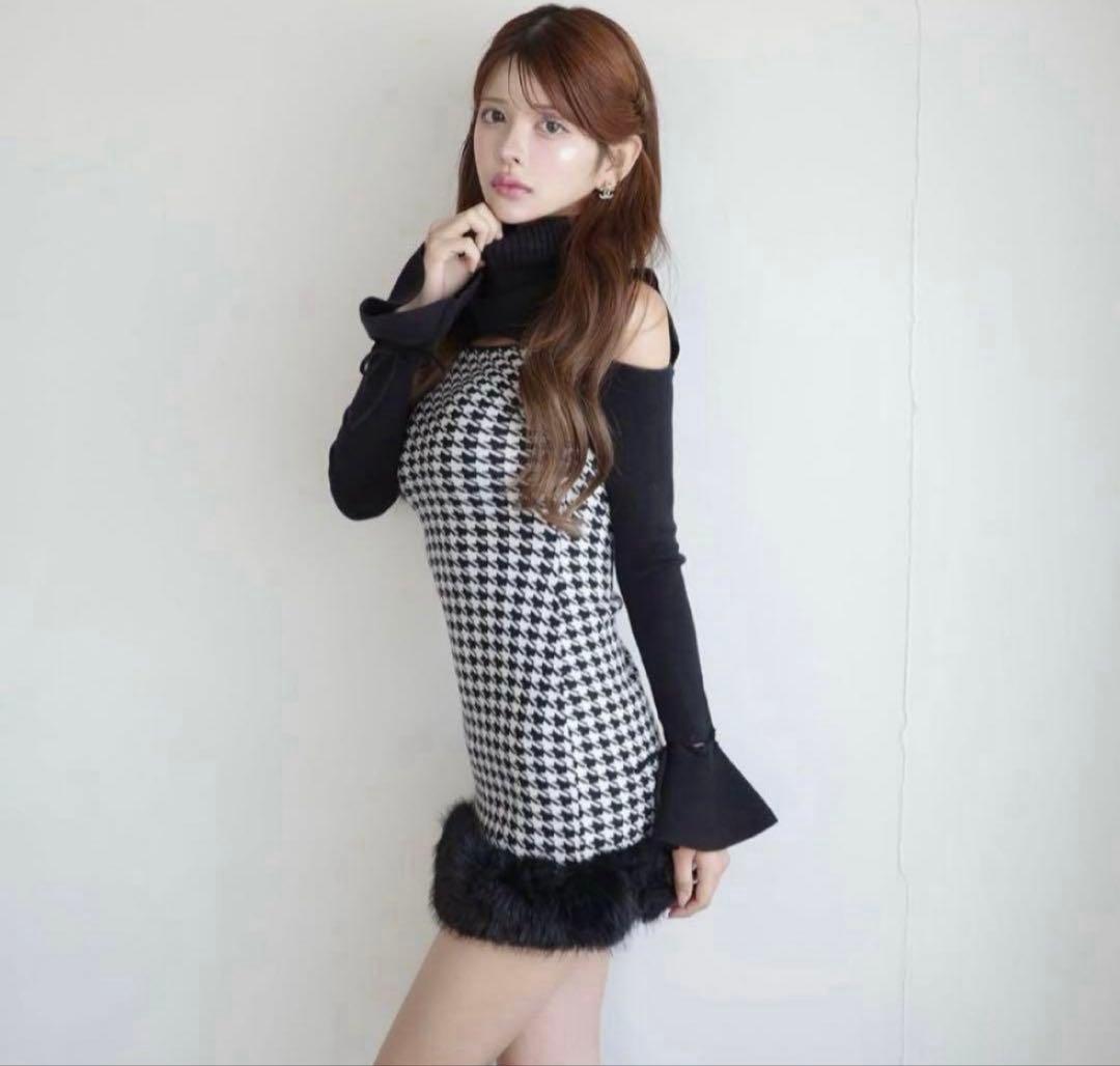 RANDY 2wayハウンドトゥースファーミニワンピース数回着用 2wayハウンドトゥースストリングコアワンピース – Randy