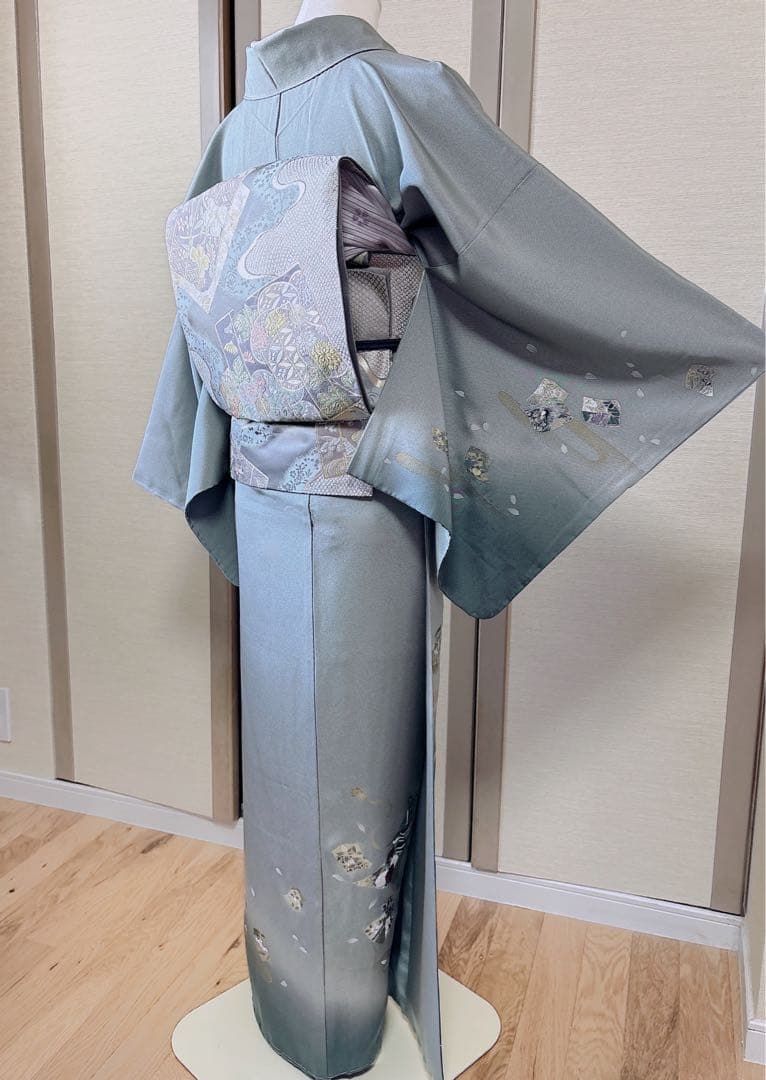 極美品 正絹 訪問着 フルセット 裄68 卒業式 入学式 結婚式 袋帯 青 緑