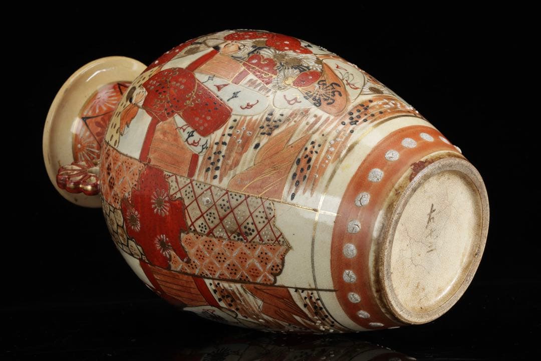 九谷焼 古九谷 赤絵金彩人物図双耳花瓶 飾壺 29㎝ 共箱