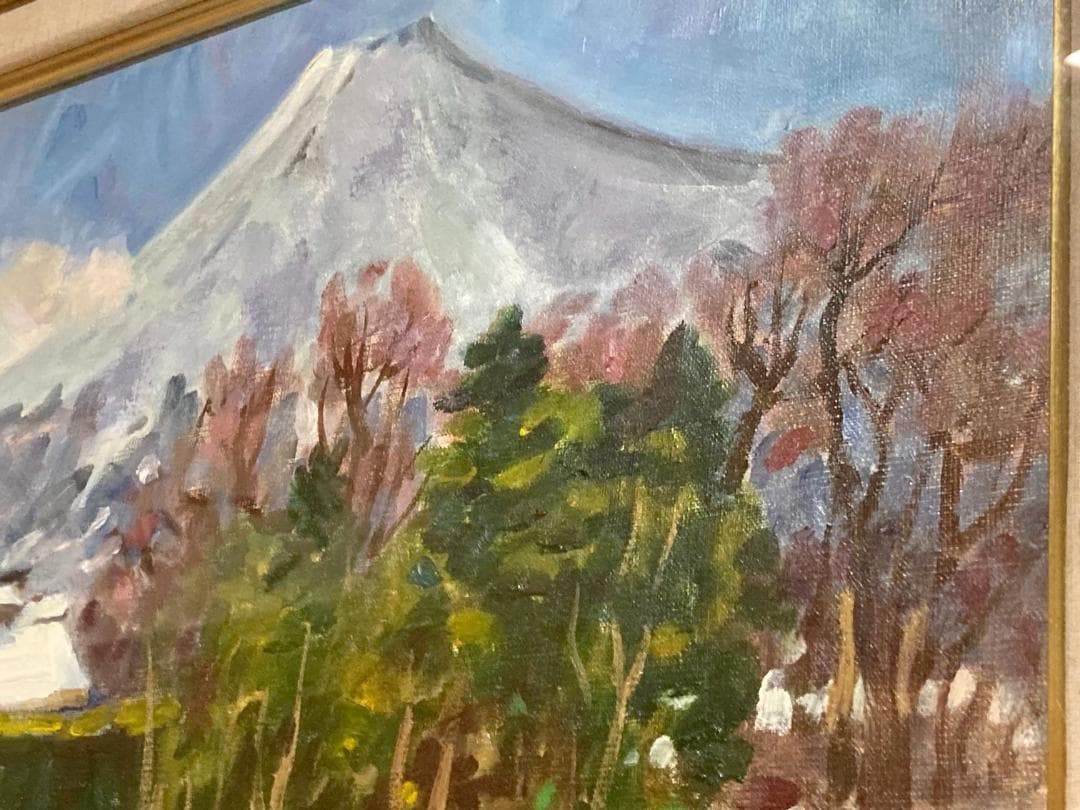 松浦莫章 (F8) 逆光の忍野より見た富士山「真作」油彩1979年造・忍野の