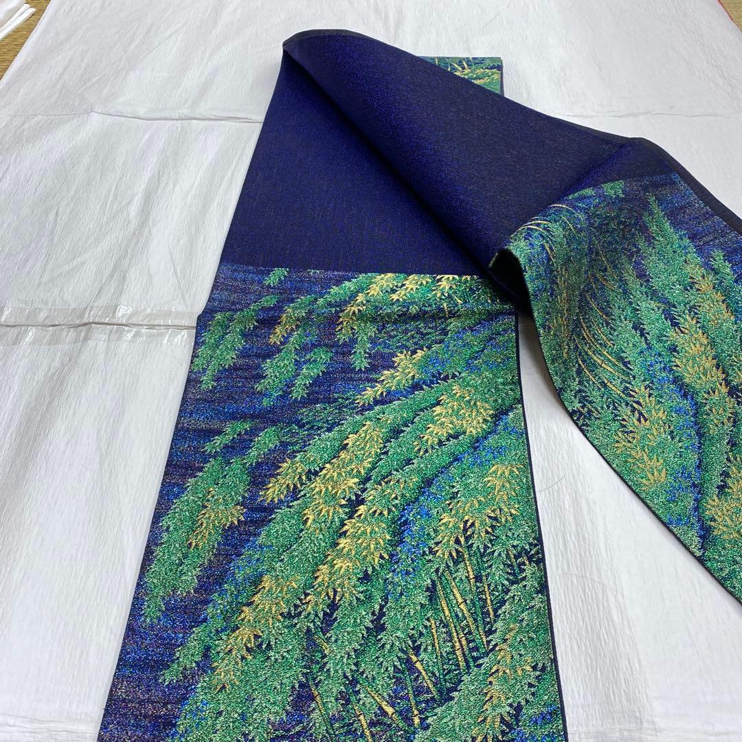 7375 未使用品 袋帯 正絹 六通 訪問着 色無地 付下 竹林 青 紫 緑