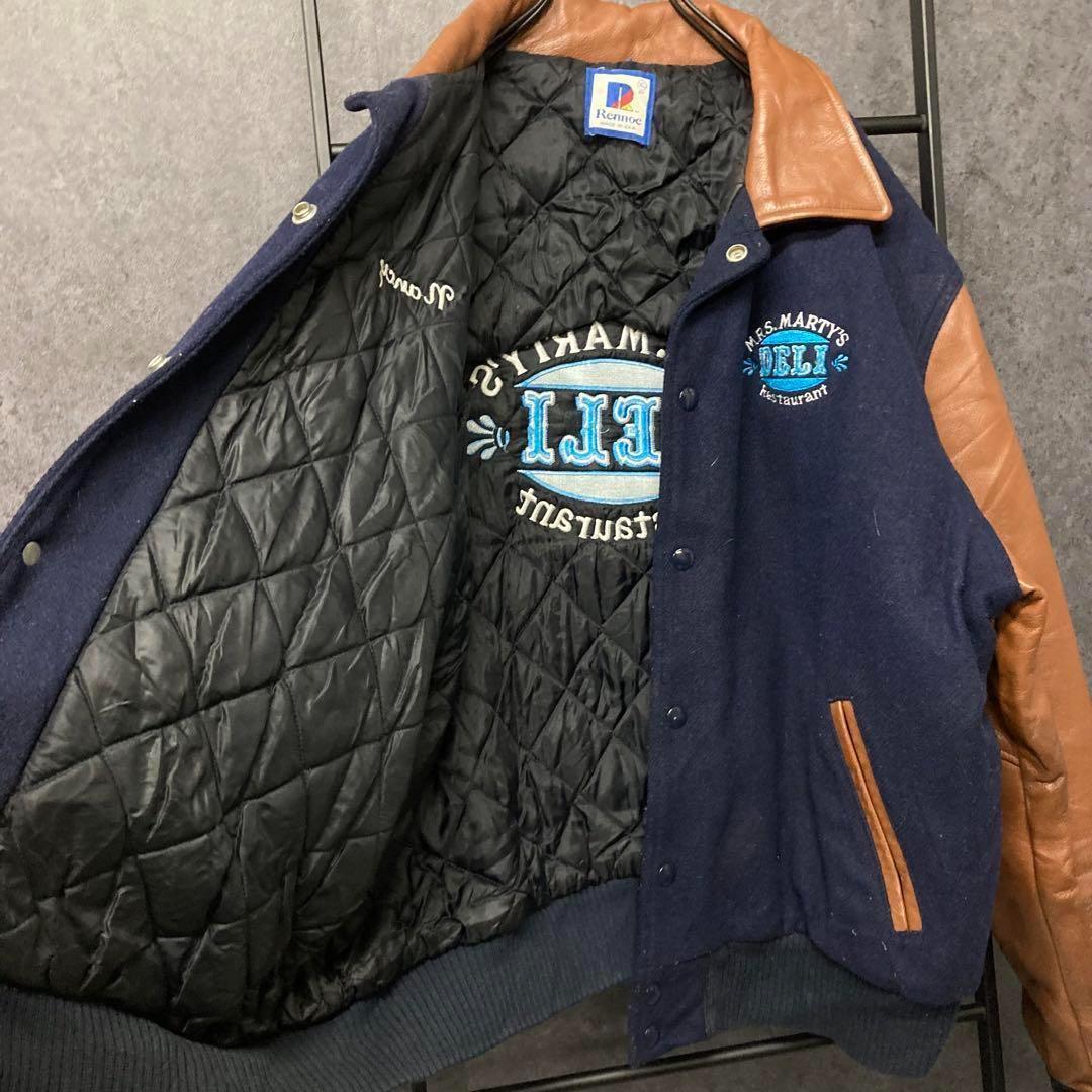 《US古着》企業 ウール・レザー 本革 中綿 スタジャン 刺繍ロゴ メンズXL
