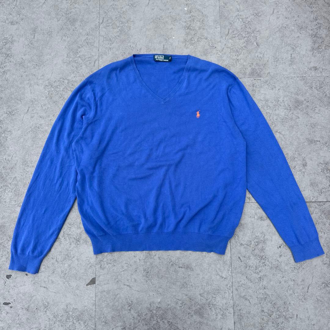 ポロ・ラルフ・ローレン 青 ニットセーター オレンジ刺繍ロゴXXL