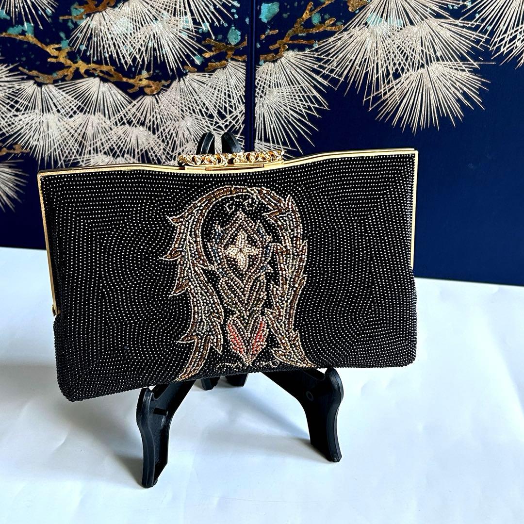 美品 柏ビーズ ハンドバッグ 和装バッグ 総ビーズ がま口 ゴールド金具