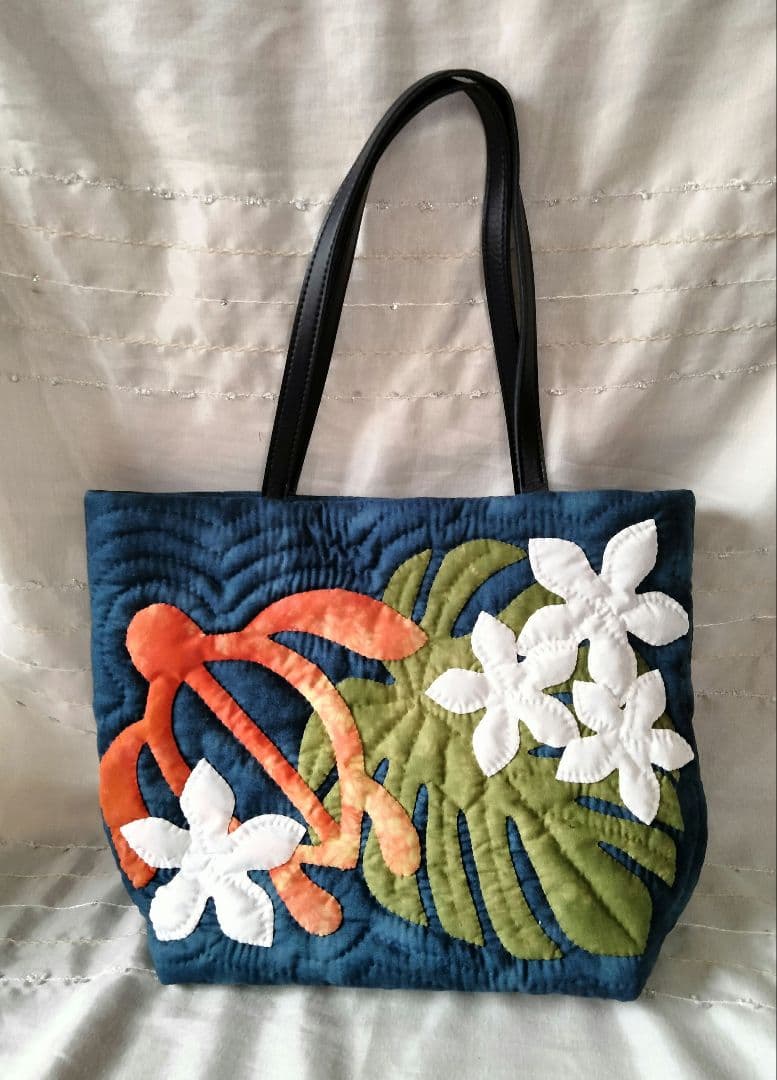☆205.ハワイアンキルト・バッグ・ホヌ＆モンステラ＆プルメリア