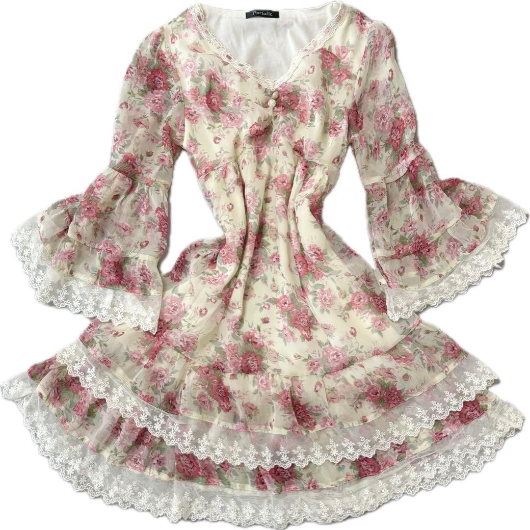 00s 希少LIZLISA系 花柄シフォンワンピース 段フリルレース姫袖 ローズ 激レア 当時物】LIZ LISA リズリサ 姫ギャル 廃盤 フリル 00s 花柄