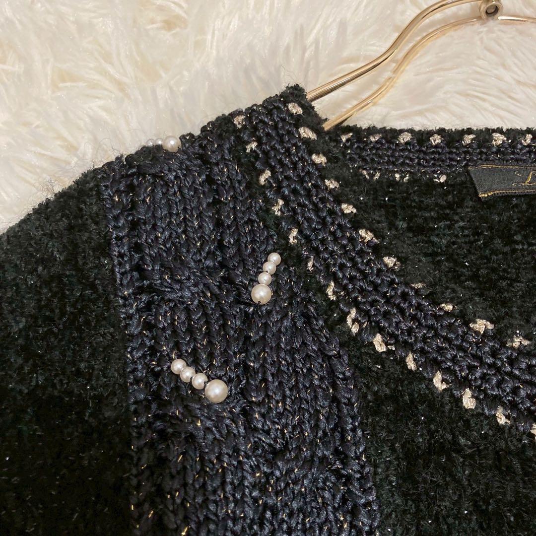 《良品》Leilian パール付きニットカーディガン ブラック 9号 フォーマル