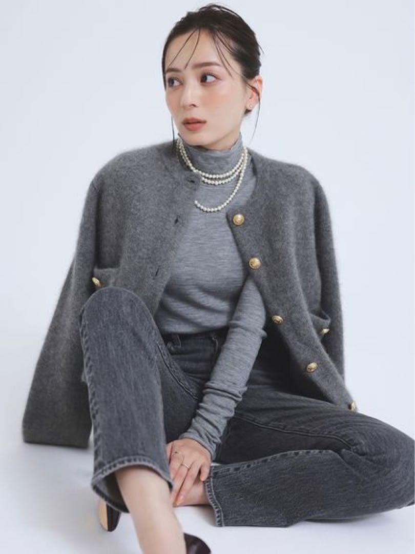 2602022 anuans ラクーンブレンドノーカラーニットジャケット グレー