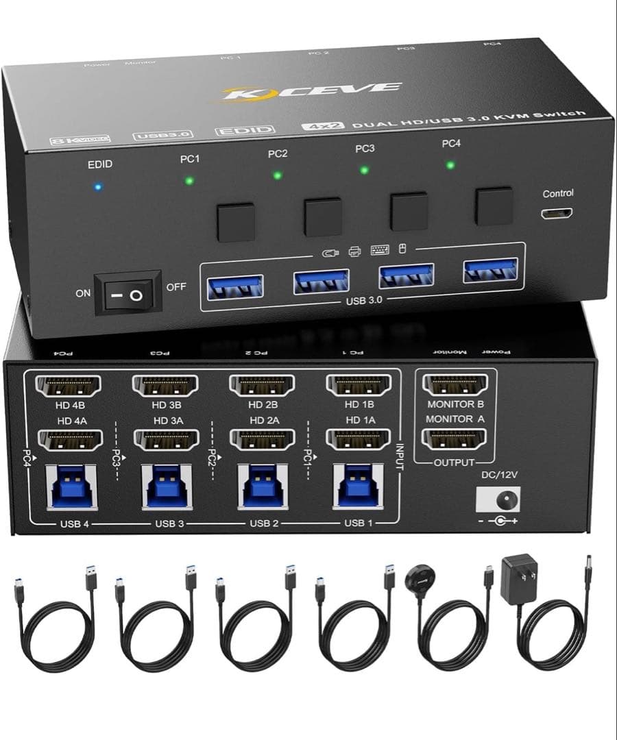 KCEVE HDMI 2.1 KVMスイッチ PC切替器 4入力2出力 EDID KCEVE HDMI 2.1 KVMスイッチ PC切替器 4入力1出力 EDID機能 8K@60Hz/4K