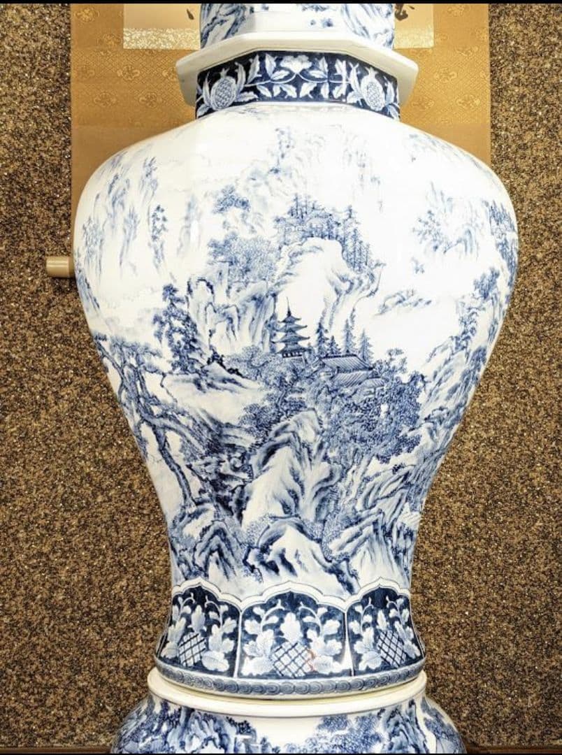 未使用 有田焼 沈香壺 染付 神右衛門作 総手描 特大八角壺 山水絵 三