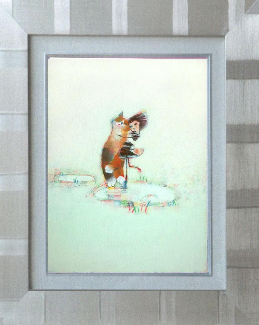 油絵 菅家令子絵 絵画インテリア額付(青緑＋金色の枠)F4-072719