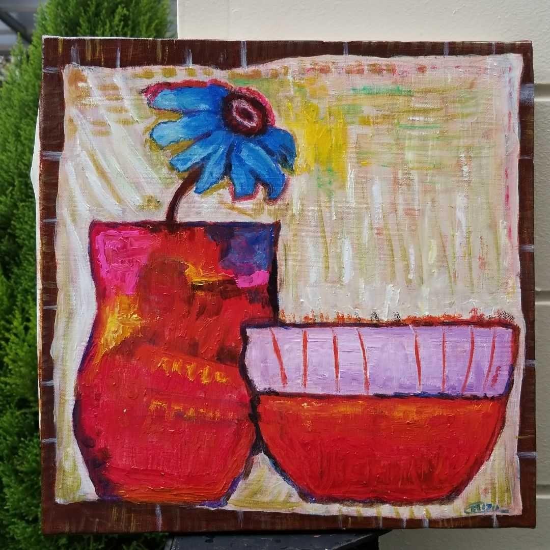 油絵　よっこ　ふたつのうつわと青い花 5876a7be96668b3442dfb63e393b5e