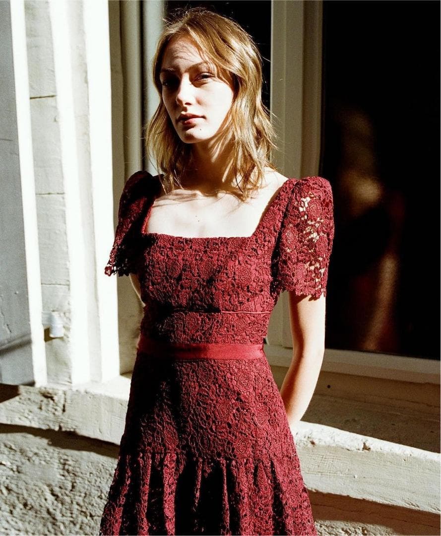 セルフポートレイト ワンピース ギピュール レース ボルドー UK8 未