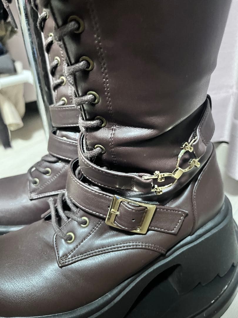 idemブラウンレースアップロングブーツ 厚底レースアップロングブーツ