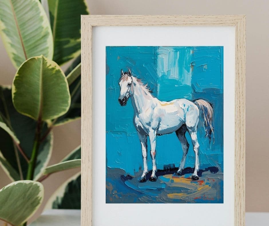 193 白馬 アートポスター 油絵風 青 幻想的 馬 おしゃれ インテリア
