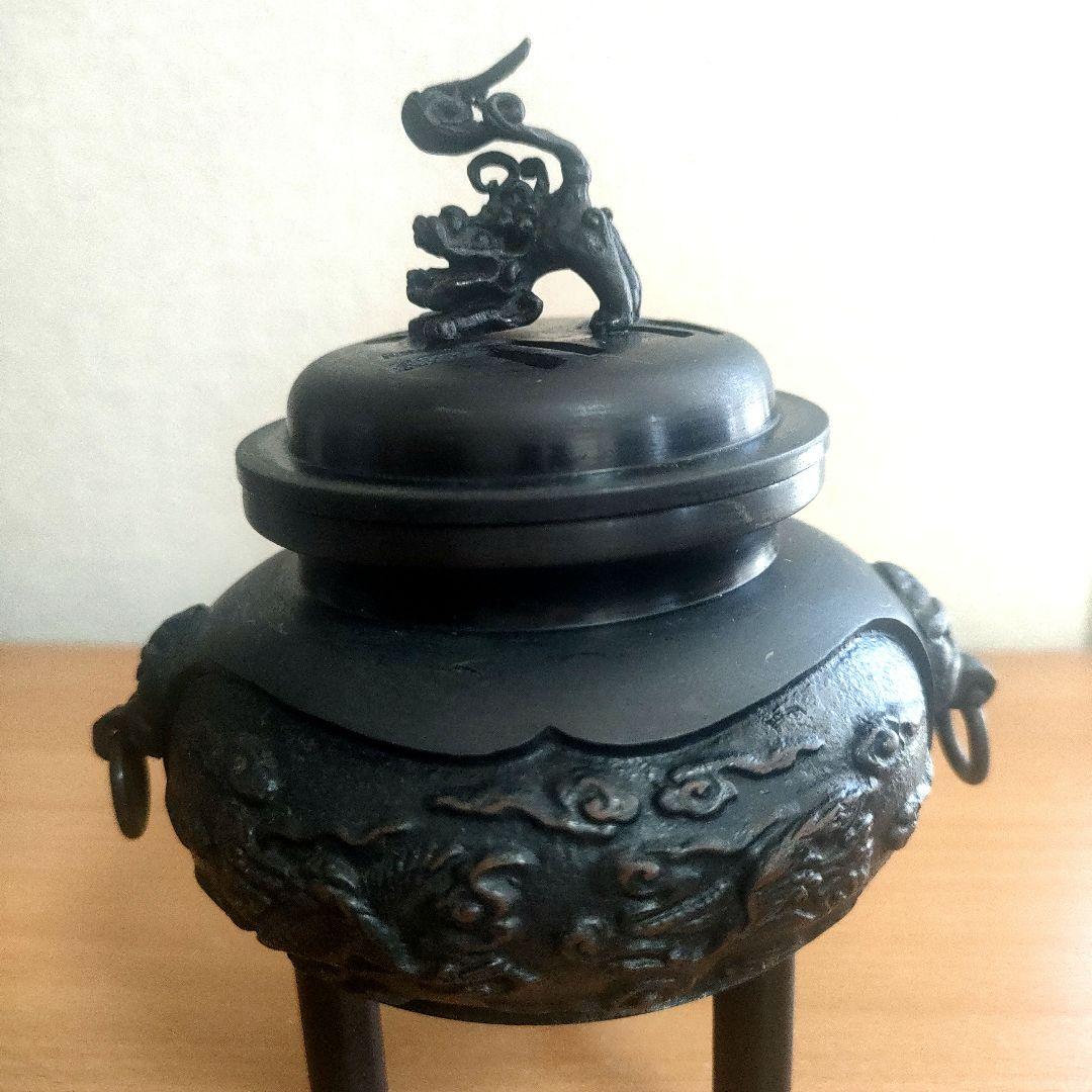 未使用〉伝統工芸品 香炉 三足 高岡 銅器 獅子蓋 お香 木箱 香道具【K5