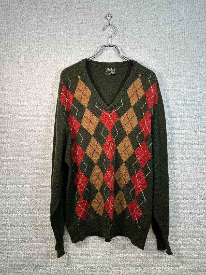 ジョンストンズ オブ エルガン ピュアカシミヤ製Vネックアーガイルセーター 44 冬にぴったり！ジョンストンズ オブ エルガン 日本限定おすすめ