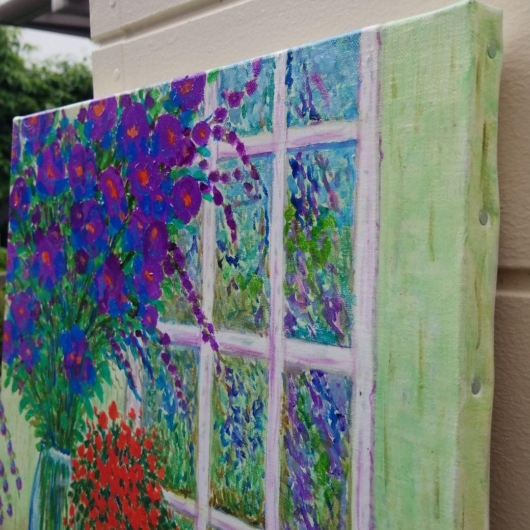 キャンバス油絵 よっこ様専用確認 窓辺に並べたお花 大きめキャンバス