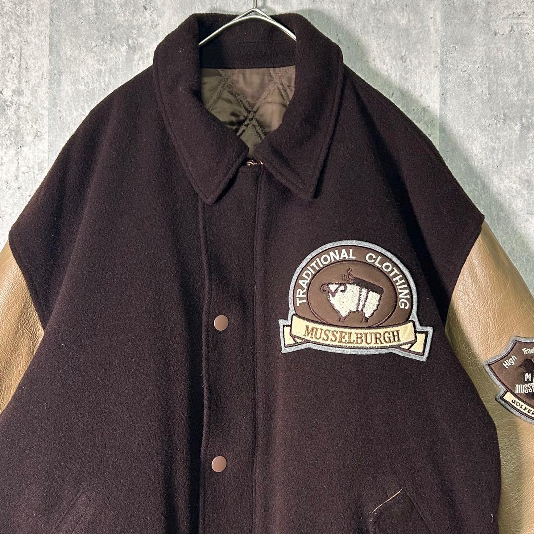 好配色 ヴィンテージ スタジャン レザー ウール 刺繍ワッペン 茶色 日本製