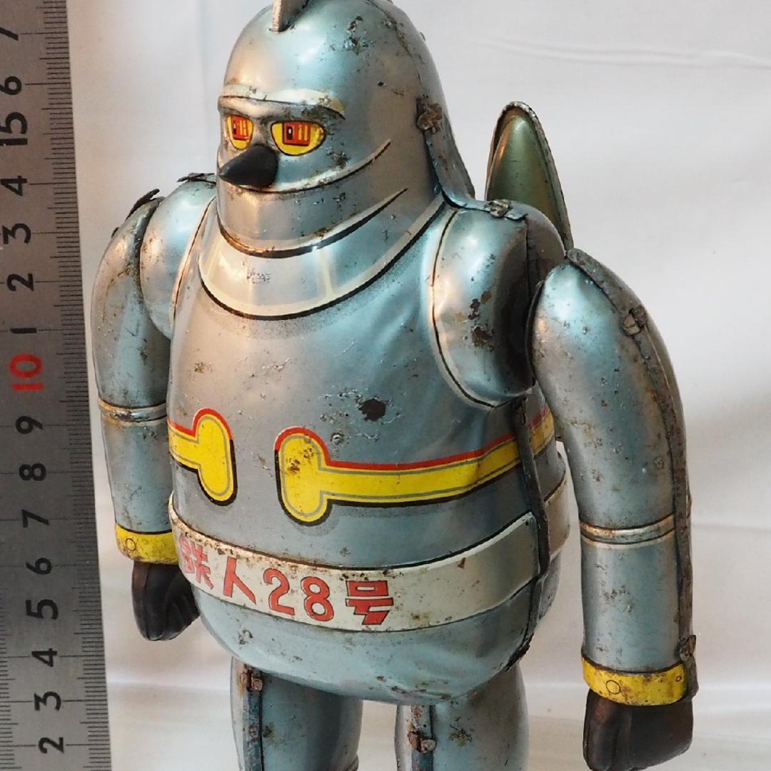 野村【鉄人28号 水色 サビ有 金具欠】当時物ブリキ ロボットTIN 箱は