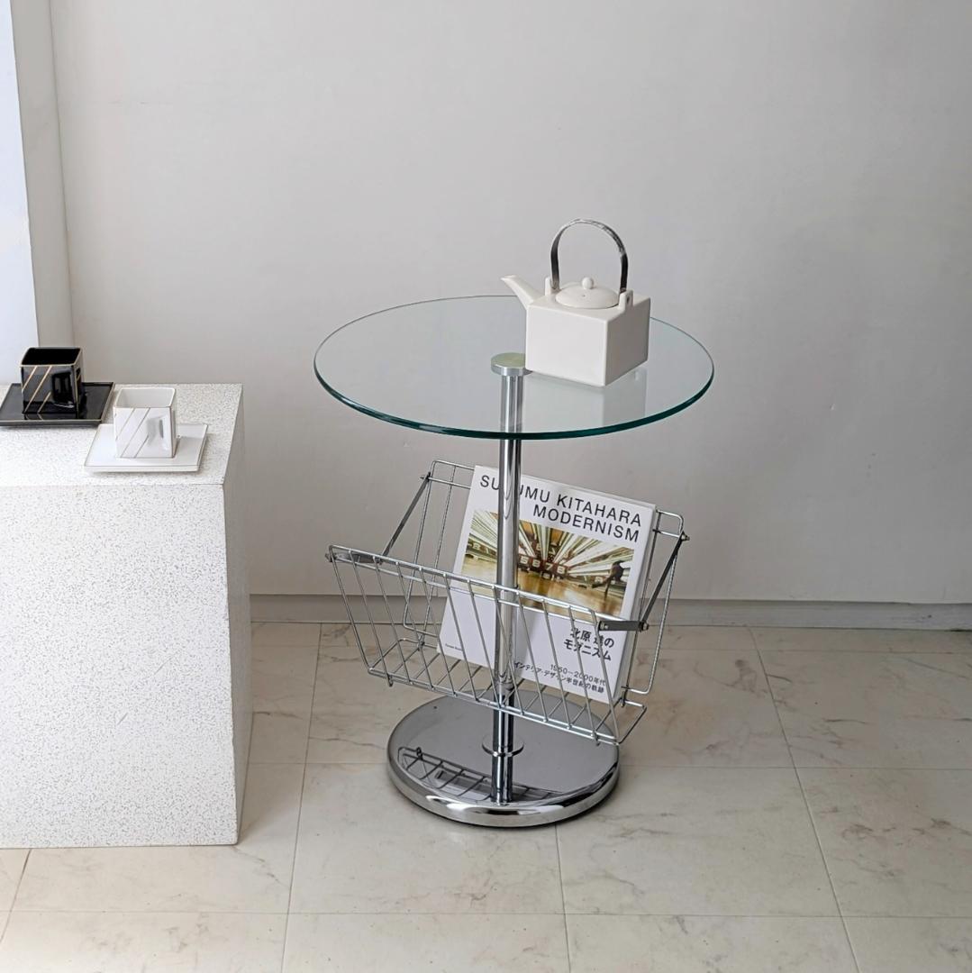 ガラス×クローム サイドテーブル マガジンラック付き ビンテージ Y2K ポップ ヴィンテージ マガジンラック付き タイルトップサイドテーブル