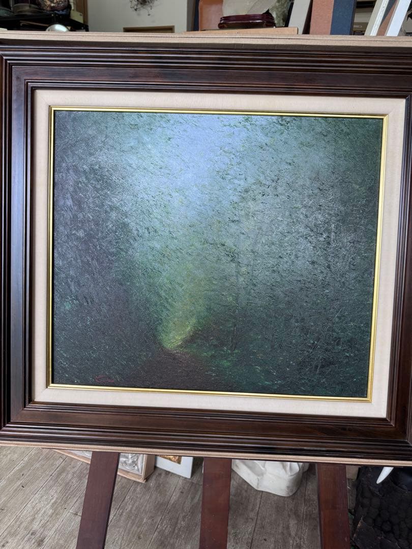 板垣文雄 油彩画 NO.1953 1988年制作　山形県古寺への経にて黒檀額付き 板垣文雄 油彩画 NO.1953 1988年制作 山形県古寺への経に