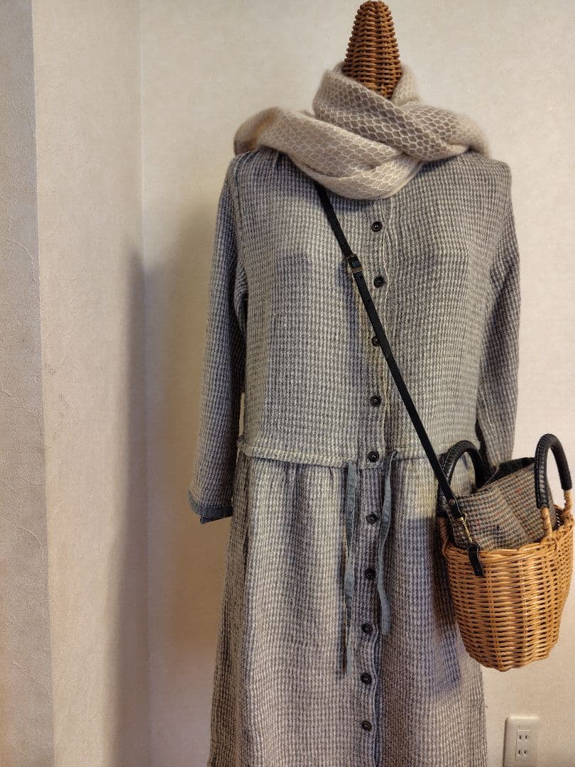 籐編みかごバッグポシェット ウール 本革 ハンドメイド