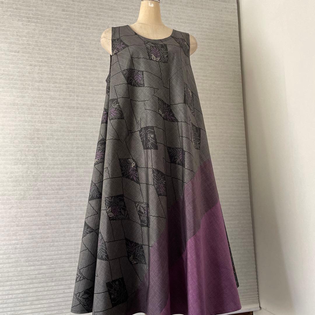 着物ワンピーステントラインロング丈《30》大島紬＆紬Lサイズくらい