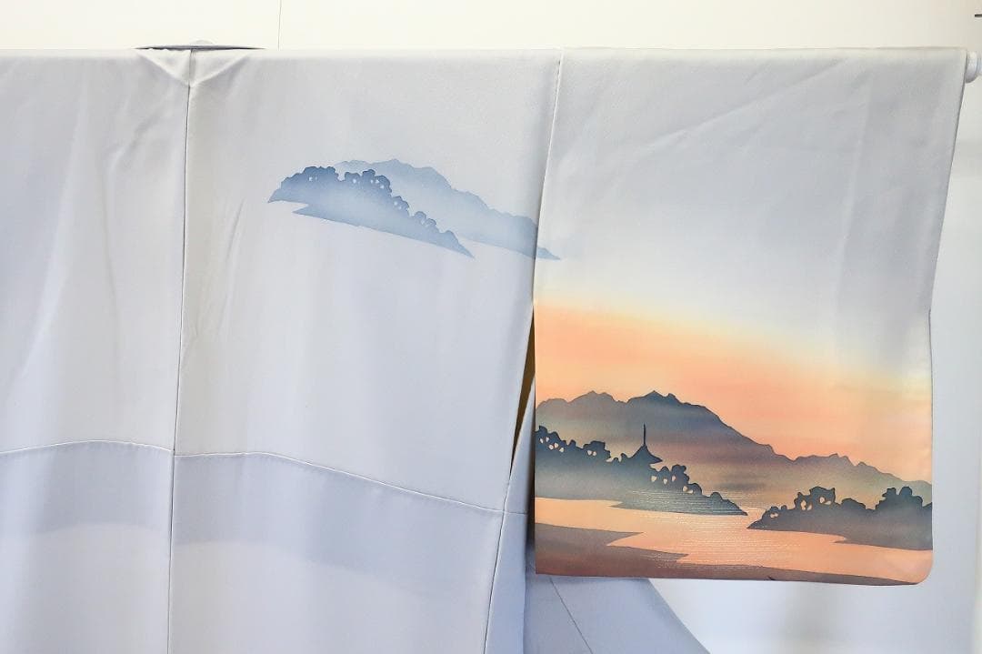 訪問着 ブルーグレー オレンジ系 夕暮れの京風景 身丈163.0cm 正絹