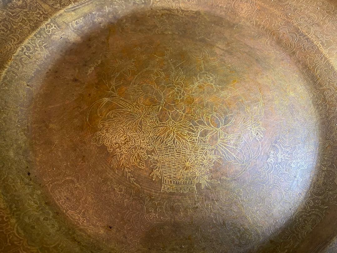 中国 清代 黄青銅 装飾洗面器 鑑賞スタンド付 ・ヴィンテージ レア