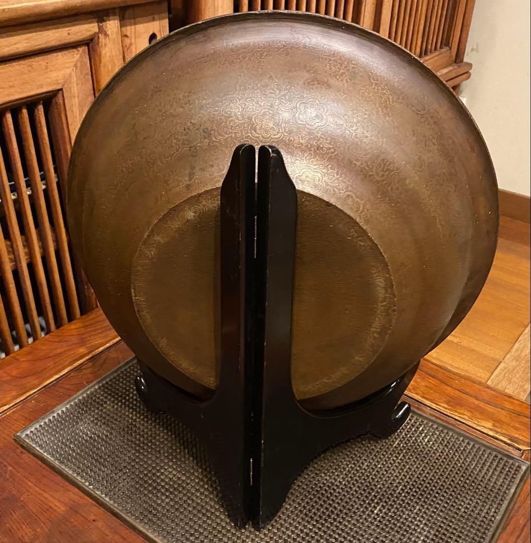 中国 清代 黄青銅 装飾洗面器 鑑賞スタンド付 ・ヴィンテージ レア