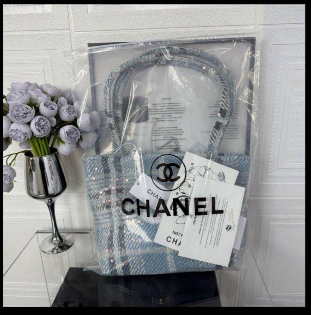 CHANEL ツイード トートバッグ スパンコール 水色 ブルー - メルカリ