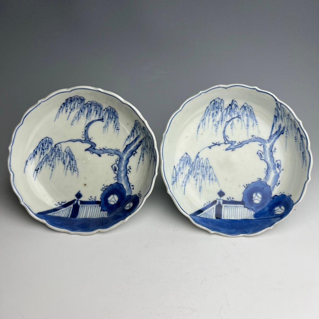 古伊万里 染付 柳紋陵花皿 六客