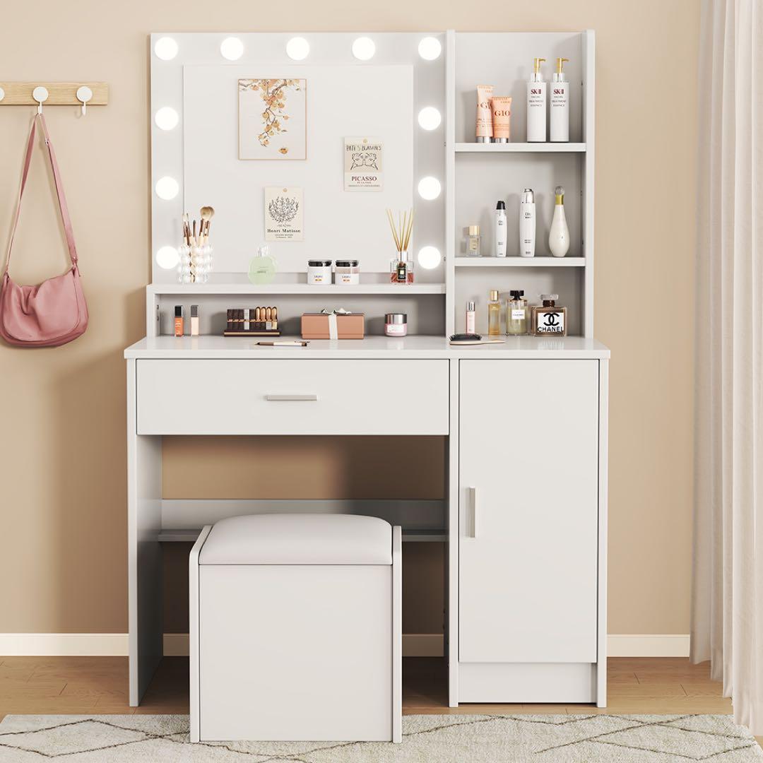 ドレッサーおしゃれコンパクト3色LEDライト付(スツール付き）女優ミラー 化粧台 LEDライト付き 女優ドレッサー スツールセット 3色ライト 照明 正方形