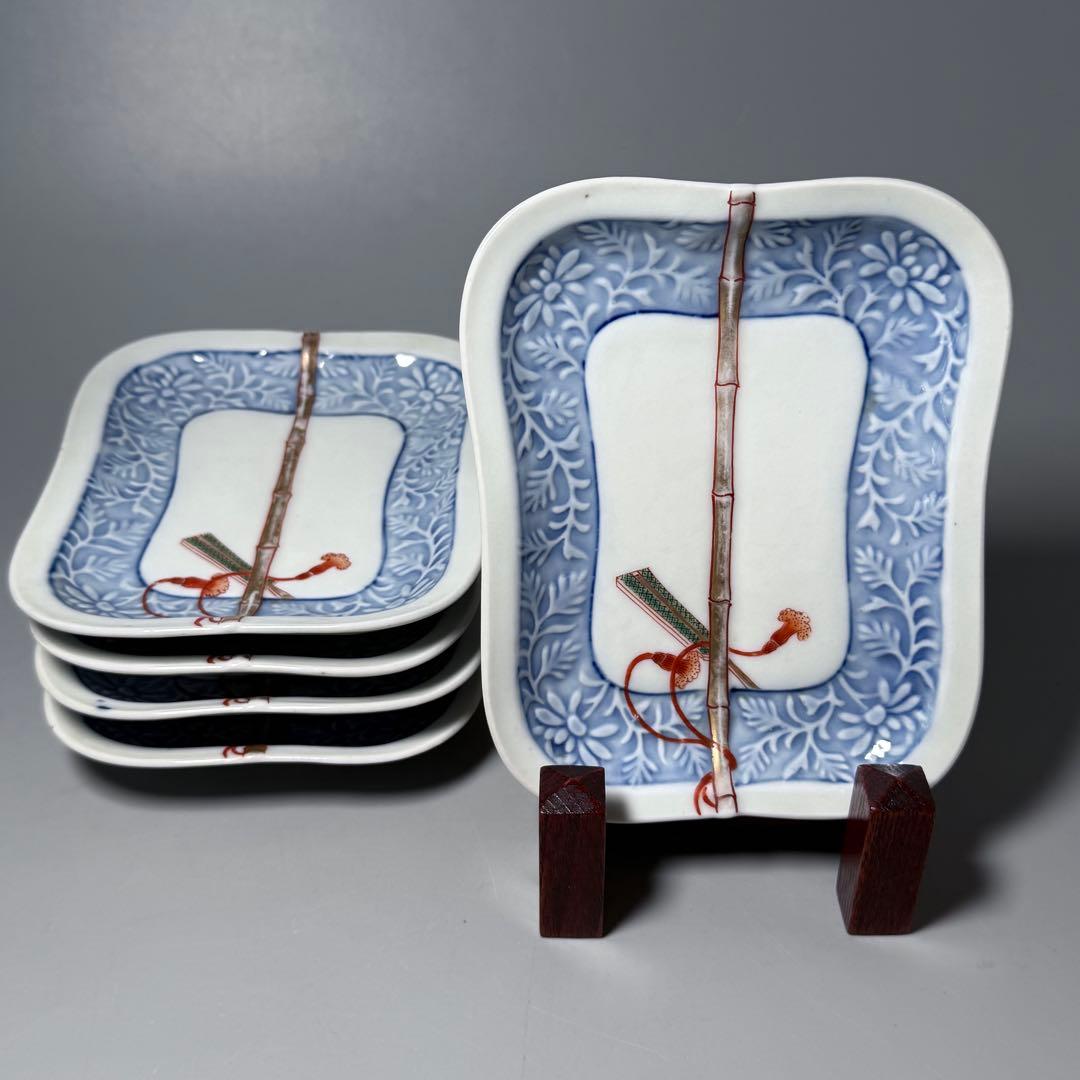 明治時代 有田焼 岩松平吾 色絵軍配形皿 五枚 角岩印 陽刻 珍品 残り