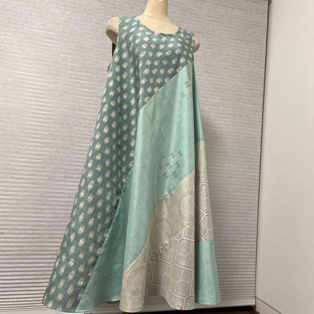 着物ワンピーステントラインロング丈《10》大島紬［都喜ヱ門&白大島］や紬L〜