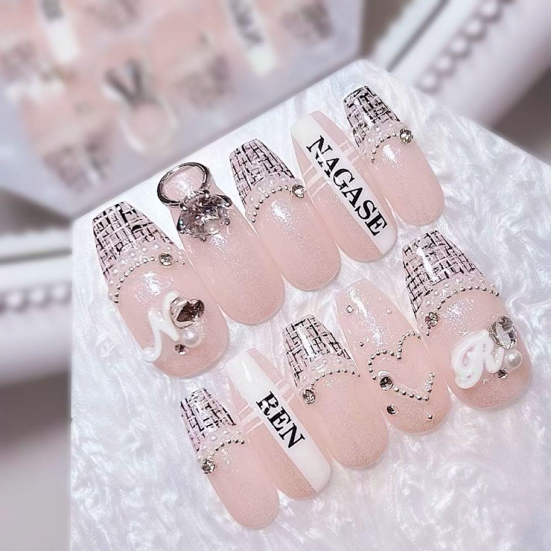 ネイルチップ 量産型 韓国 ワンホン シンプル フレンチ ツイード 地雷