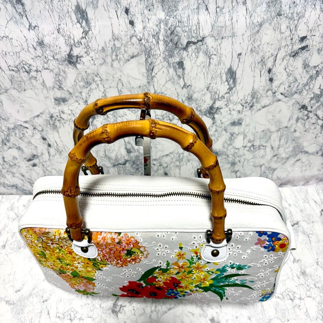 【極美品】タマオユゲ　弓削珠緒　ハンドバッグ　バンブー　ホワイト　花柄　希少