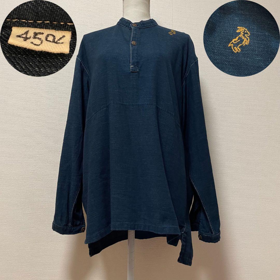 45R インディゴネルの908イージーシャツ　ゴートンくん　カンガルーポケット 45Rゴートンくんベタッチプリントの908クレリックTシャツ（インディゴ