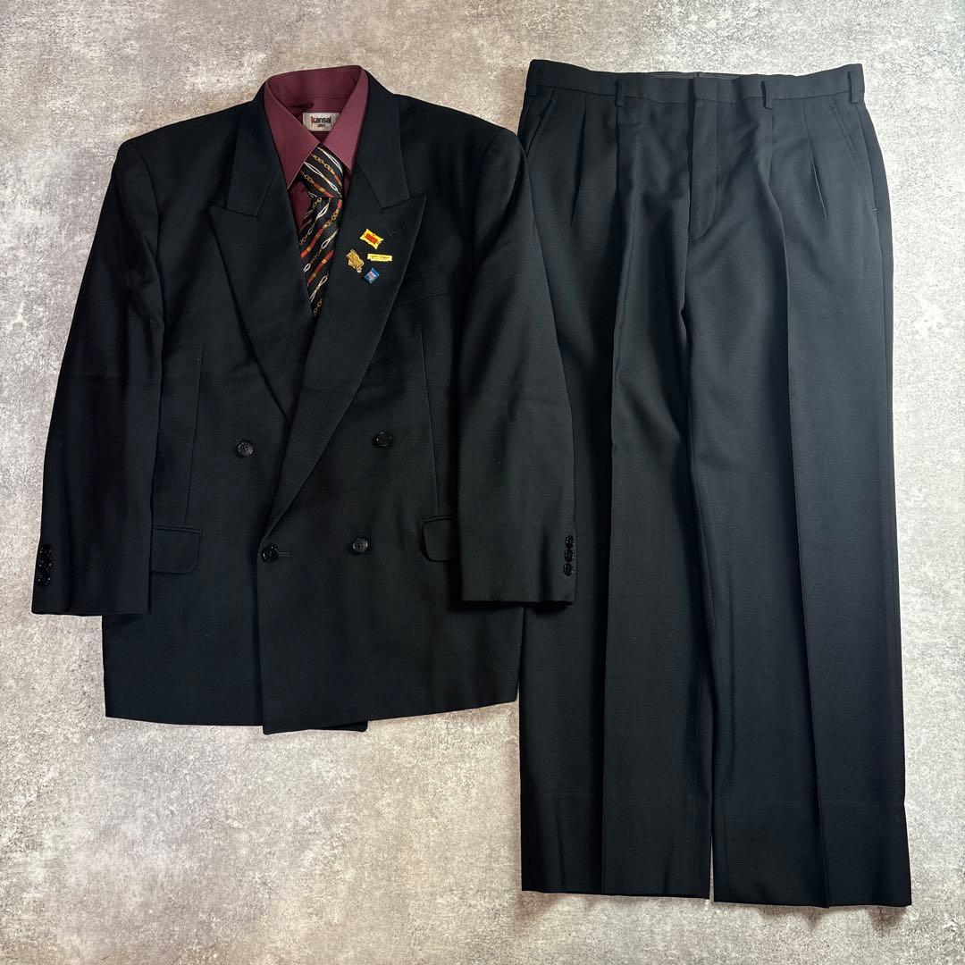 セットアップ ダブルスーツ 成人式 入学式 ピンズ vintage no.86 90s ヴィンテージ スーツ ダブル セットアップ ピンズvol.87 黒黄 L
