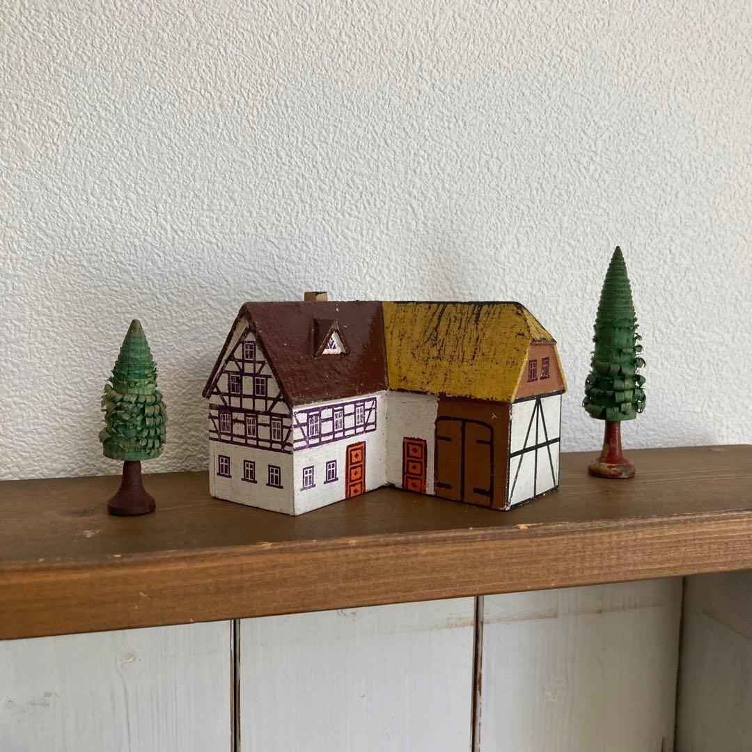 WF23ドイツアンティークザイフェン木製 ひつじ×2 羊飼い 柵 建物5点