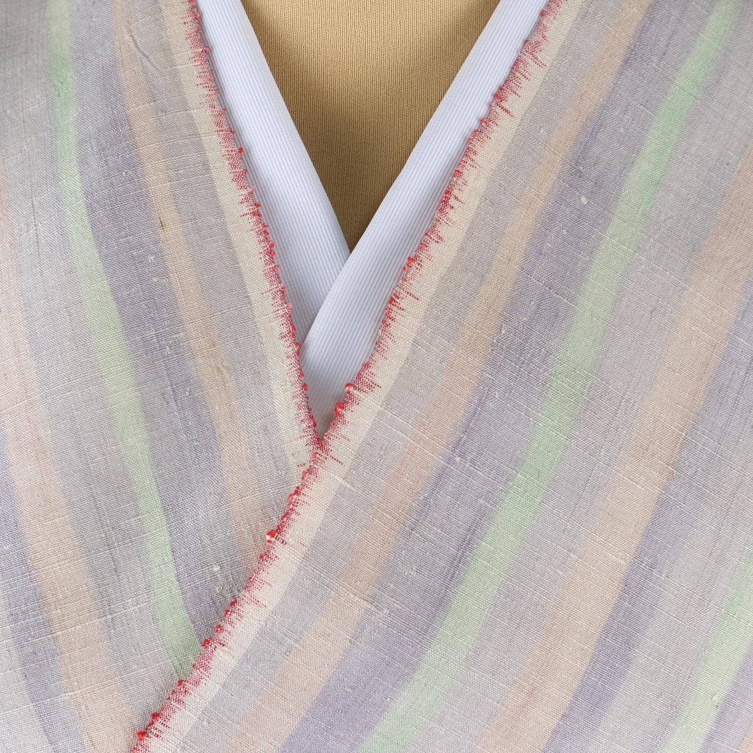 2887☆手織 本場越後紬 いしくら 紬☆パステル ストライプ☆反物